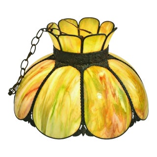 Antique Avocado Ceiling Light Shade With Slag Glass and Bronze Bands For Sale