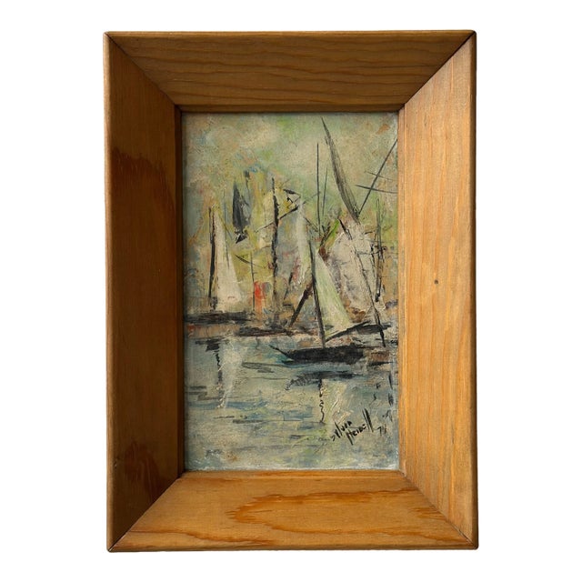 Vintage Framed Impressionist Oil on Board Painting of Sailboats, Circa 1974 For Sale