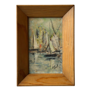 Vintage Framed Impressionist Oil on Board Painting of Sailboats, Circa 1974