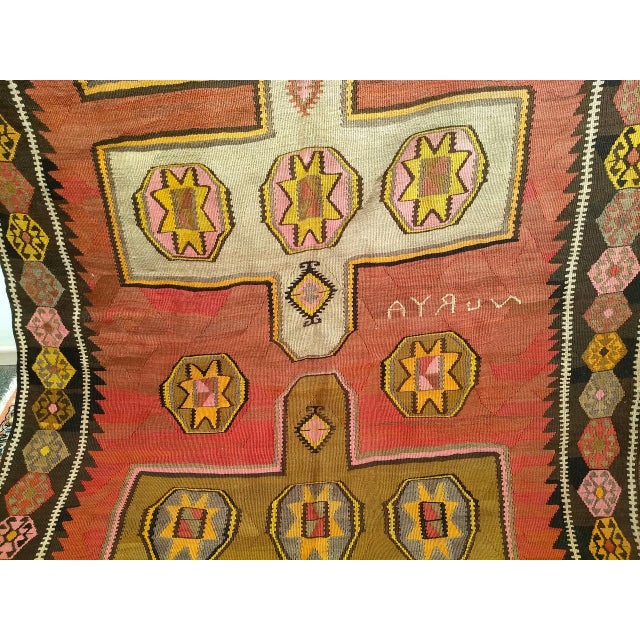 Vintage Anatolian Turkish Kilim Gallery Rug, Flat-Woven Geometric Pattern, Pink & Yellow, 5x13 For Sale - Image 12 of 14