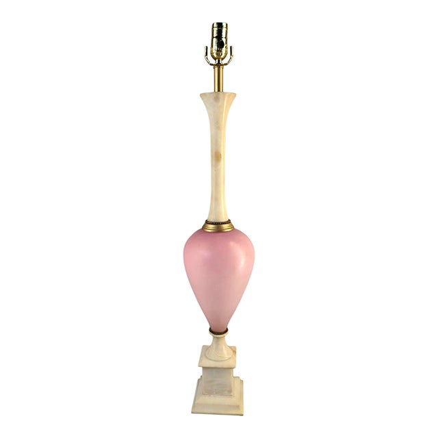 Vintage Neoclassical Italian Pink Art Glass & Marble Table Banquet Lamp For Sale