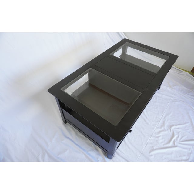 Modern Black Coffee Table – Glass Top, 2 Drawers, Freshly Refinished For Sale - Image 9 of 11
