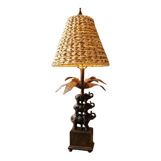 Vintage British Colonial Stacked Elephant Palm Tree Table Lamp For Sale