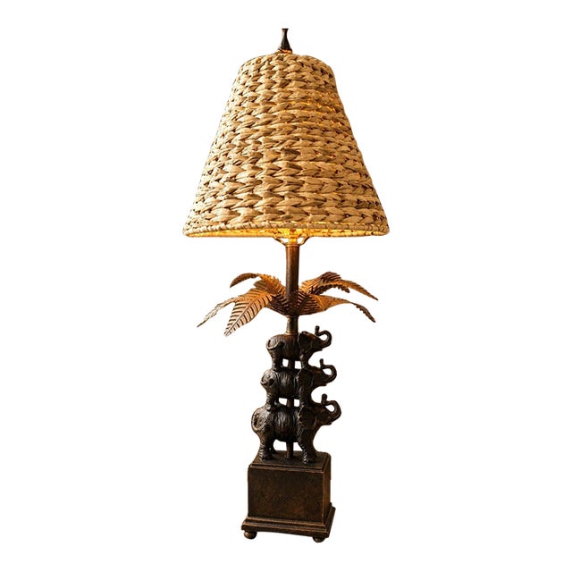 Vintage British Colonial Stacked Elephant Palm Tree Table Lamp For Sale
