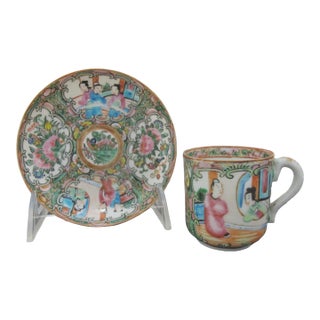 Chinese Export Famille Rose Medallion Porcelain Demitasse Coffee Cup & Saucer For Sale