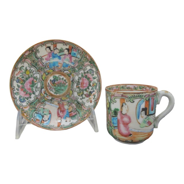 Chinese Export Famille Rose Medallion Porcelain Demitasse Coffee Cup & Saucer For Sale