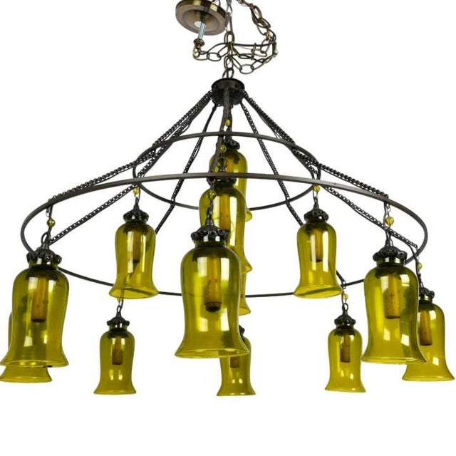 Spanish Revival Wrought Iron & Olive Green Glass 10-Light Chandelier, Circa 1960s For Sale - Image 4 of 5