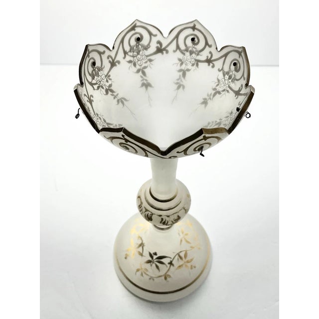 Antique Pair White Satin & Gold Gilded Bohemian Candle or Vase Lusters For Sale - Image 9 of 13