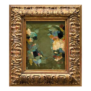 Forest Green Abstract Oil Painting in Vintage Frame For Sale
