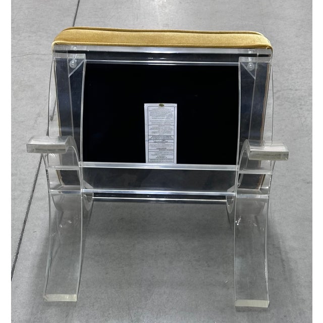 1970s Mid-Century Modernist Curved Lucite Yellow Velvet Vanity Ottoman Accent Bench For Sale - Image 4 of 4
