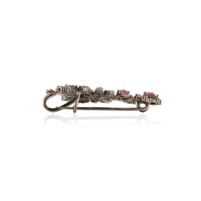 Blue Late Victorian Style 5 Ct Blue Sapphire, Ruby & Diamond Jeweled Spray Brooch Pendant For Sale - Image 8 of 14