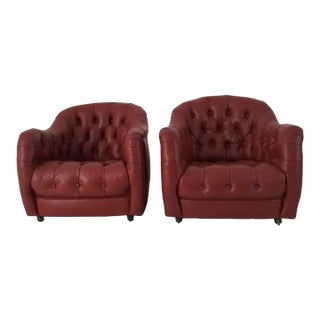 Mid Century Tufted Italian Leather Chairs- a Pair For Sale