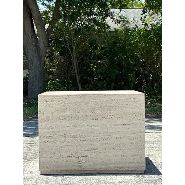 Contemporary Vintage Boho Travertine Cube Side Table For Sale - Image 3 of 8