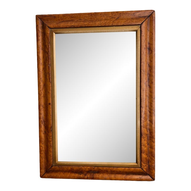 Vintage Burl Wood, Rectangular Wall Mirror With Gold Bevel For Sale