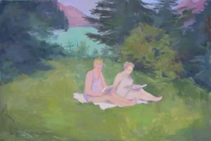 Women Reading Outside, Modern Impressionist Figurative Oil Painting on Canvas by Michelle Farro