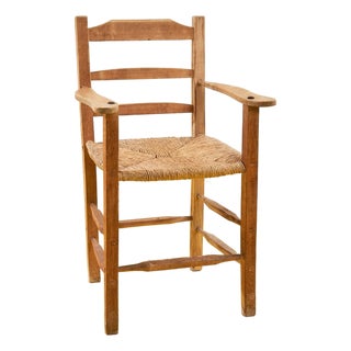Rustic Wooden High Chair with Straw Seat, 1900s For Sale