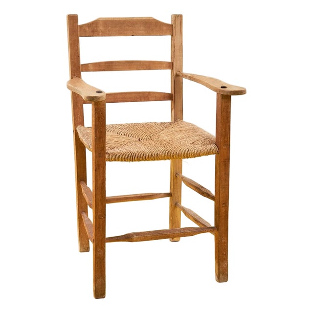 Rustic Wooden High Chair with Straw Seat, 1900s For Sale