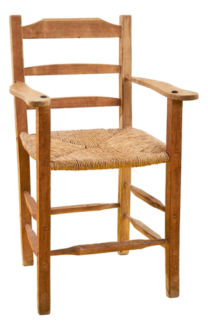 Rustic Wooden High Chair with Straw Seat, 1900s