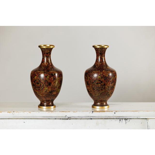Cloisonné Vases with Warm Reddish Brown Ground and Floral Decoration - A Pair For Sale In New York - Image 6 of 18