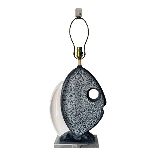 1980s Vintage Italian Ceramic Fish Table Lamp With Lucite Base For Sale