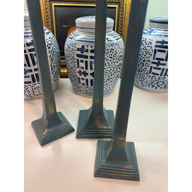Dusty Blue Patinated Metal Candlesticks With Antiqued Gold Highlight Set of 3 For Sale - Image 12 of 14