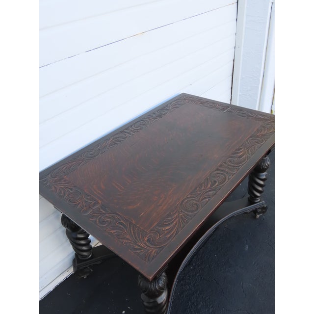 Brown Early 1900s Heavy Carved Tiger Oak Library Console Table Partner Desk 6571a For Sale - Image 8 of 18