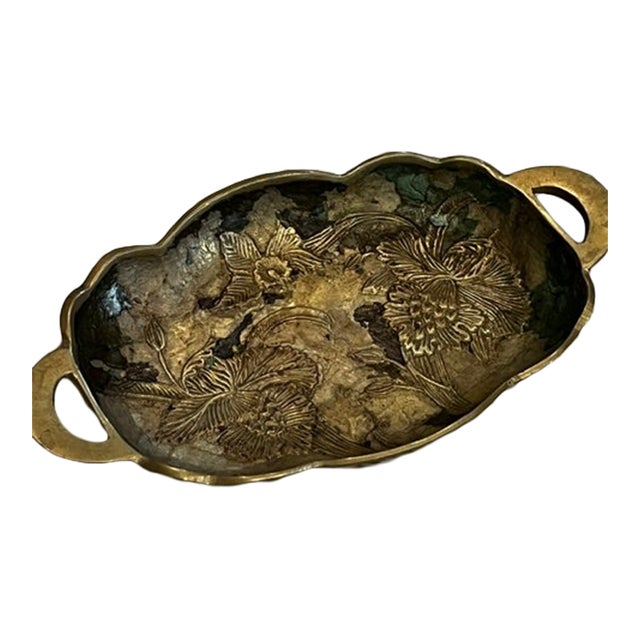 Mt675 Vintage Heavy Brass and Enamel Trinket Dish For Sale