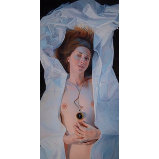 Where is Home? by Pegah Samaie | Oil on Aluminum Depiction of a woman lying under white fabric. For Sale