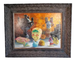 Late 20th Century Still Life with Sugar Skull Oil Painting by Alfonso Tirado, Framed