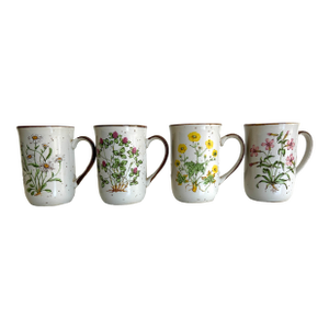 Vintage Field Daisy Sweet Clov Wild Pink Buttercup Mixed Flowers Mugs- Set of 4