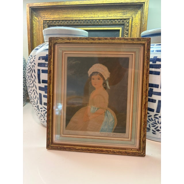 Antique Heirloom Hand Colored Mezzotint Portrait Print of Young Girl in Bonnet Gilt Frame For Sale - Image 10 of 13