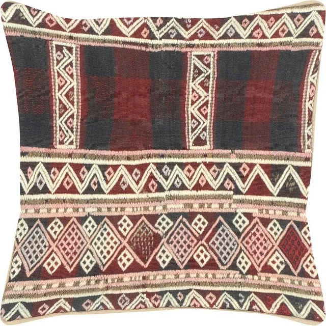 1960s Turkish Jijim Pillow. Hand Sewn with fragments of vintage Anatolian wool Kilims. Fiber fill. 522015