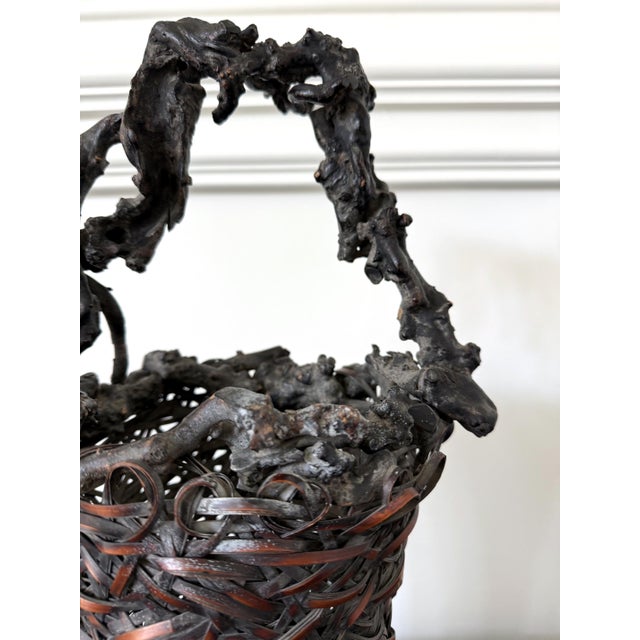 Wood Antique Japanese Smoke Bamboo Basket with Wisteria Root Handle Meiji Period For Sale - Image 7 of 16