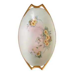 Early 20th Century German Floral Yellow Gold and Green Porcelain Centerpiece Elongated Serving Bowl by Selb Bavaria