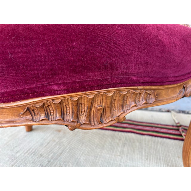 Red Pair of French Louis XV Style Carved Fruitwood Bergere Arm Chairs, 1950’s For Sale - Image 8 of 12