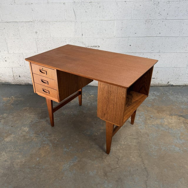 Mid-Century Modern Compact Vintage Danish Modern Teak Writing Desk With Side and Rear Bookshelves For Sale - Image 3 of 10