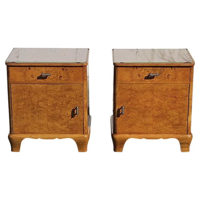 Vintage French Art Deco Nightstands in Burled Wood and Glass, 1930s, Set of 2 For Sale - Image 3 of 18