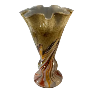 Murano Style Art Glass Trumpet Vase With Multicolor Swirl
