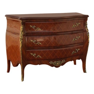 Vintage French Louis Inlaid and Gilt Bombe Commode For Sale