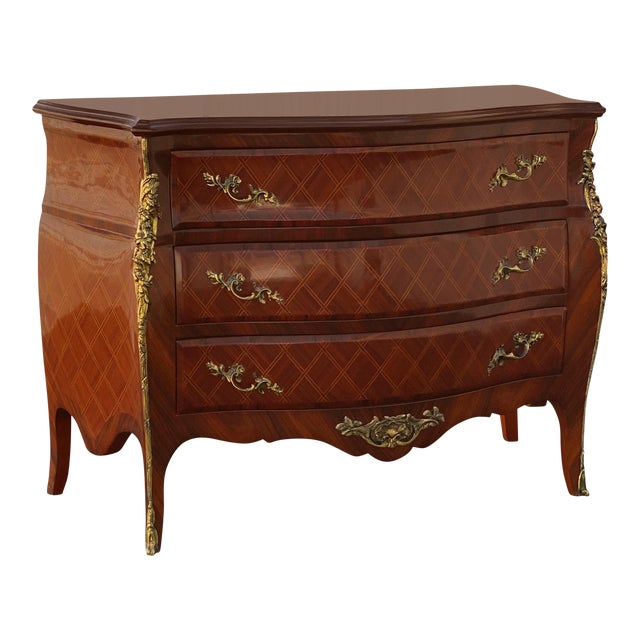 Vintage French Louis Inlaid and Gilt Bombe Commode For Sale