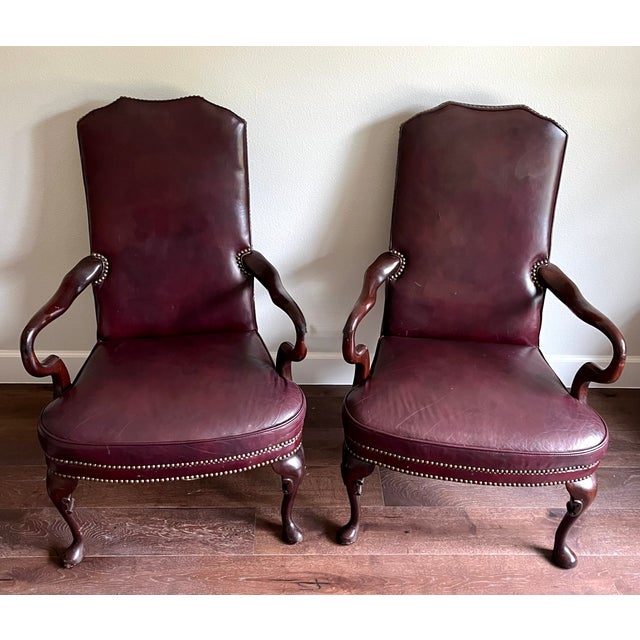 Late 20th Century St. Timothy Queen Anne Style Maroon Leather Library/Office Chairs - A Pair For Sale - Image 10 of 12