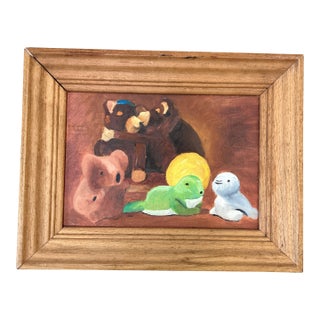 1970’s Original Folk Art Cute Plush Animals Still Life Painting For Sale
