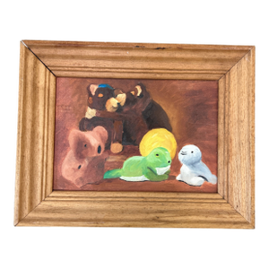 1970’s Original Folk Art Cute Plush Animals Still Life Painting
