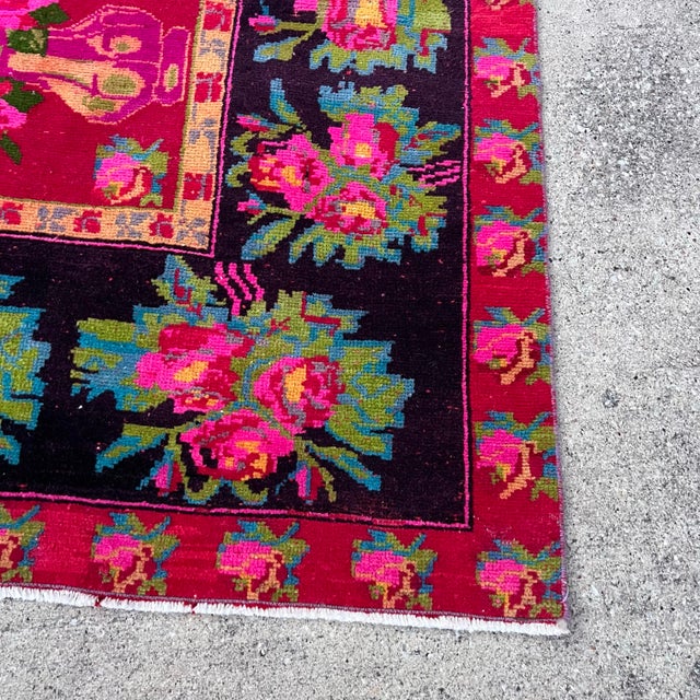 Textile 1930s Vintage Karabakh Rug Caucasian Handwoven Wool on Cotton Foundation pinkVibrant Floral Rug - 4’9x9’9 For Sale - Image 7 of 12