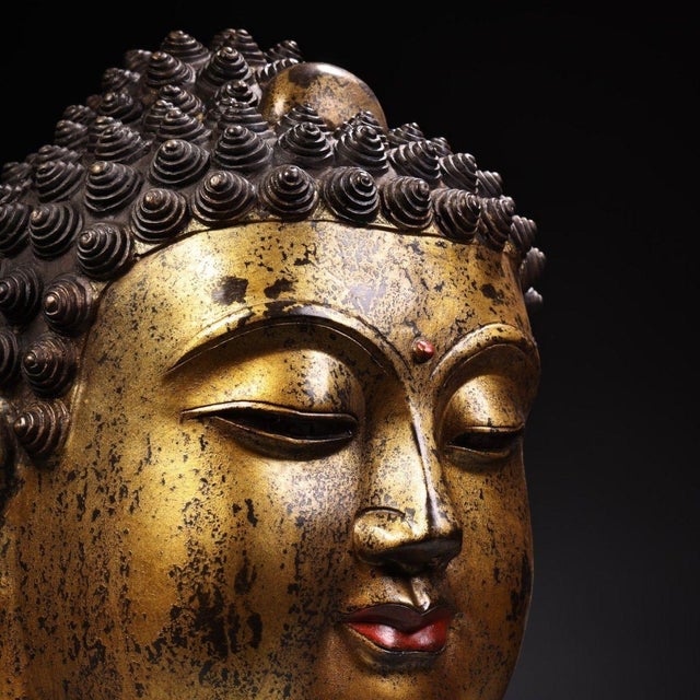 Metal Monumental Vintage Gilt Bronze Buddha Head Sculpture - Large Asian Zen Decor, 20 LBS For Sale - Image 7 of 9