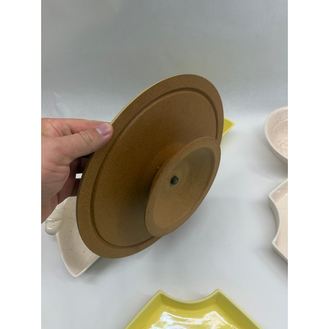 Complete mid-century modular hostess snack set featuring four fan-shaped ceramic side dishes (two vibrant sunny yellow,...