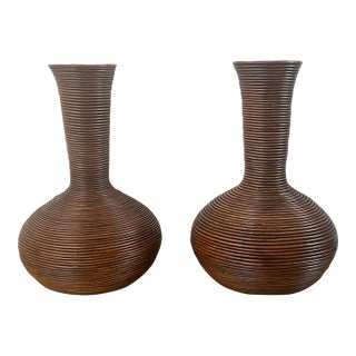 Vintage 1970's Gabriella Crespi Style Pencil Reed Rattan Floor Vases Urns- A Pair For Sale