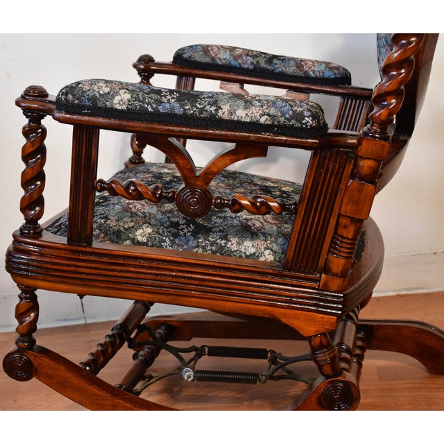 1870 Antique George Hunzinger Barley Twist Mahogany Rocking Chair New Upholstery For Sale - Image 12 of 13