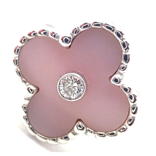 Contemporary Van Cleef & Arpels Alhambra 18k White Gold Pink Opal Diamond Ring Cert, size 4 For Sale - Image 3 of 10