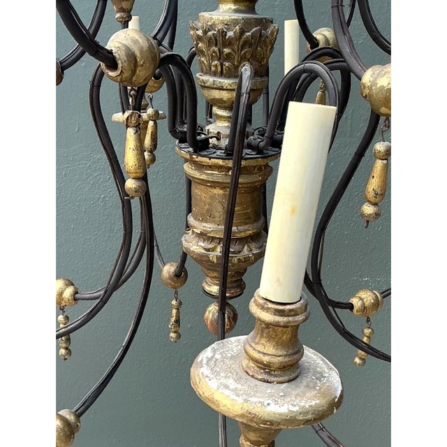 Late 20th Century Vintage Gilt Wood and Metal Twelve-Light Chandelier For Sale - Image 5 of 12